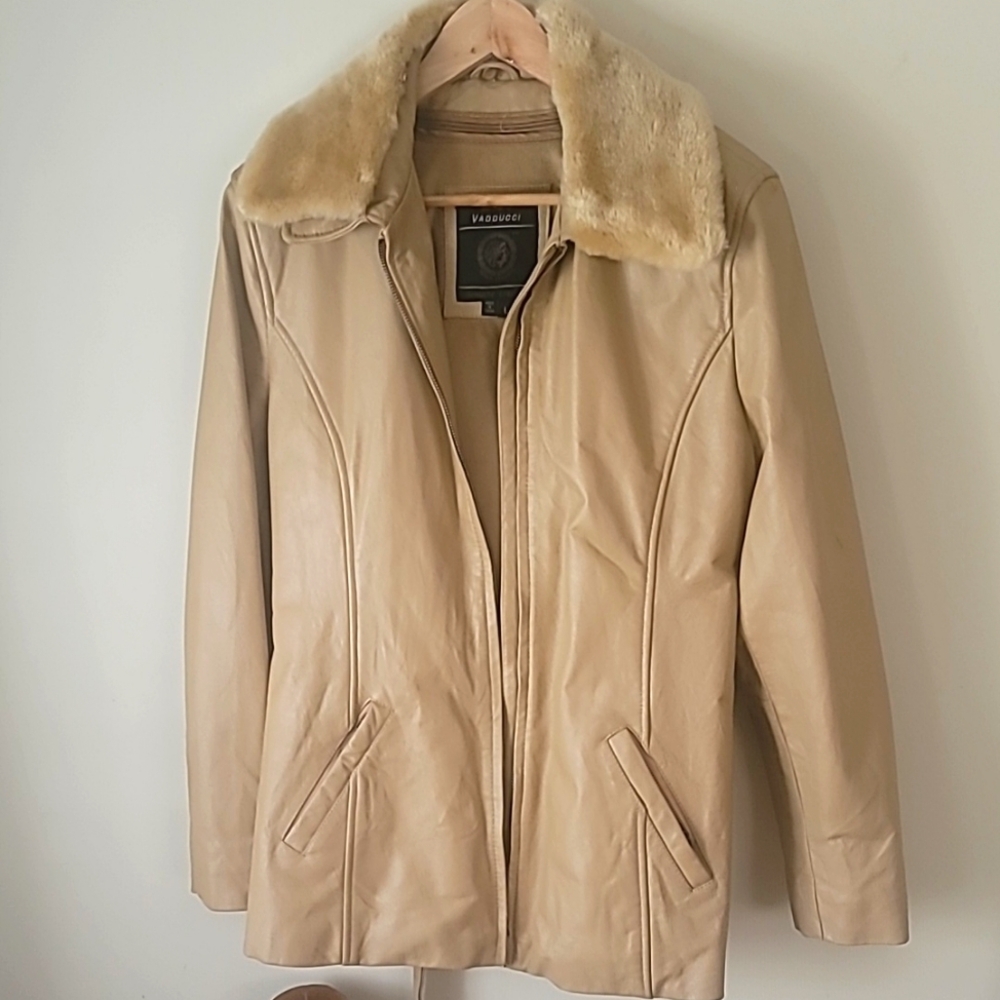 VTG Leather Fully Lined Plush Fur Collar Belted Jacket Sergio Vadducci SZ L